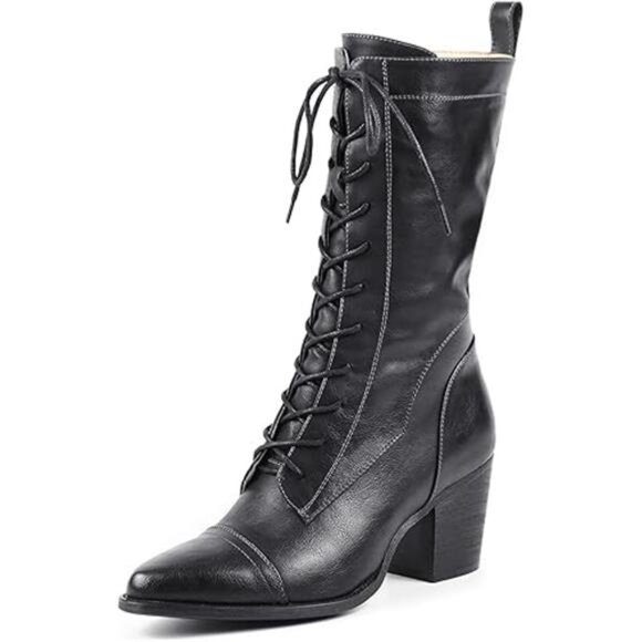 Women's Mid Calf Boots Lace up Combat Boots Leather Side Zipper Winter Boots - Picture 7 of 7